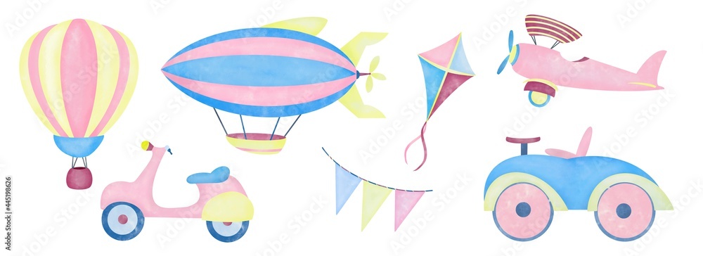 Naklejka premium Watercolor aquarelle set for kids children. Hot air balloon aerostat scooter airship airplane car kite and flags in the clouds on white background hand drawn digital illustration