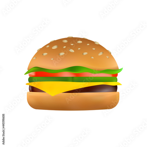 Cheeseburger with a slice of cheese, pickles, tomato, beef patty, lettuce and toasted sesame bun. Classic burger icon. Cartoon vector illustration of American hamburger isolated on a white background