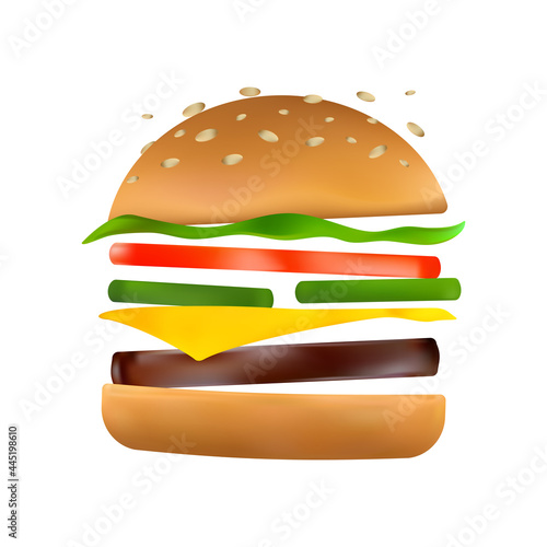 Floating burger with flying ingredients: pickles, tomato, cheese, beef patty, lettuce, toasted sesame bun. Classic burger icon. Cartoon vector illustration of American hamburger on white background