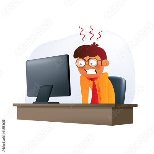 Angry businessman character sitting on an office chair at the desk and looking on the display. Vector illustration of a hardworking young man in eyeglasses with negative emotion isolated on a white