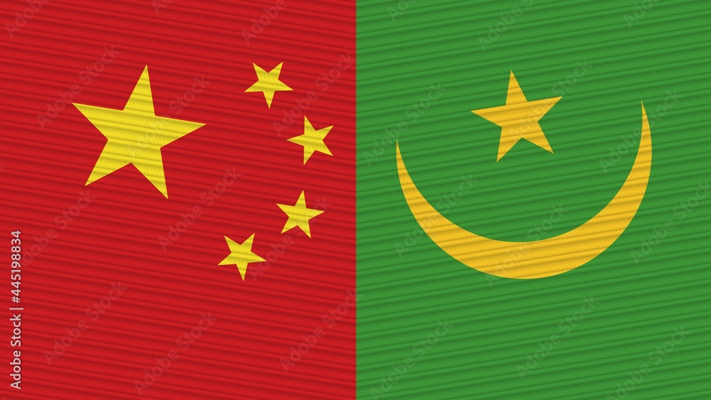 Mauritania and China Two Half Flags Together Fabric Texture Illustration Mauritania and China Two Half Flags Together Fabric Texture Illustration