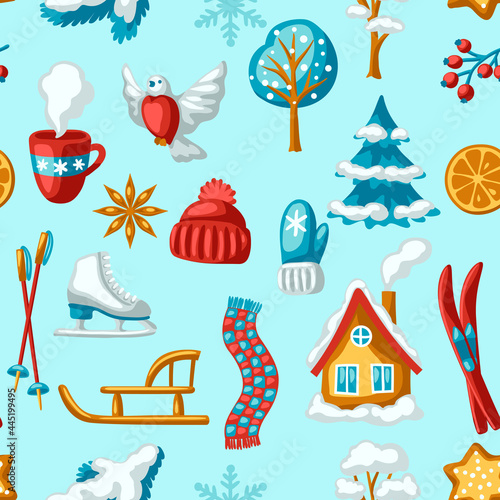 Winter seasonal seamless pattern. Outdoor leisure and cute fun things. Merry Christmas holiday and vacation.