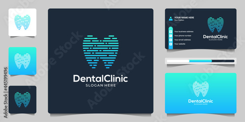 Dental clinic dentistry medical logo design and business card. Abstract dentist tech logo design template.