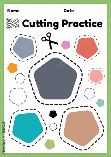 Scissor practice kindergarten and preschool kids to cut the paper with scissors to improve motor skills, coordination and develop small muscles for children in a printable illustration page.