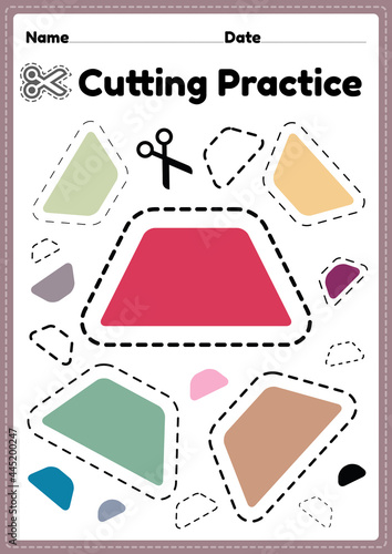 Kids cutting practice for preschool kids to cut the paper with scissors to improve motor skills, coordination and develop small muscles for kindergarten children in a printable illustration page.