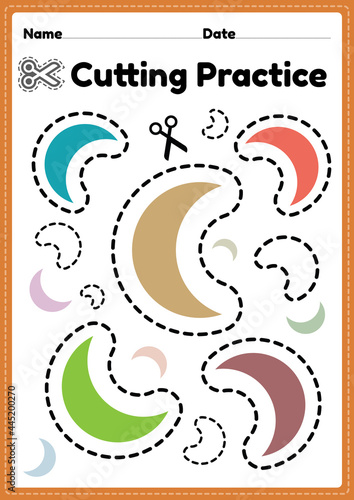 Practicing cutting with scissors for preschool kids to cut the paper with scissors to improve motor skills, coordination and develop small muscles for kindergarten children in a printable page.