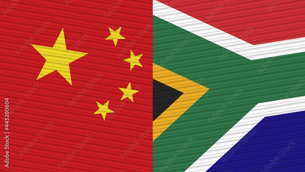 South Africa and China Two Half Flags Together Fabric Texture Illustration South Africa and China Two Half Flags Together Fabric Texture Illustration