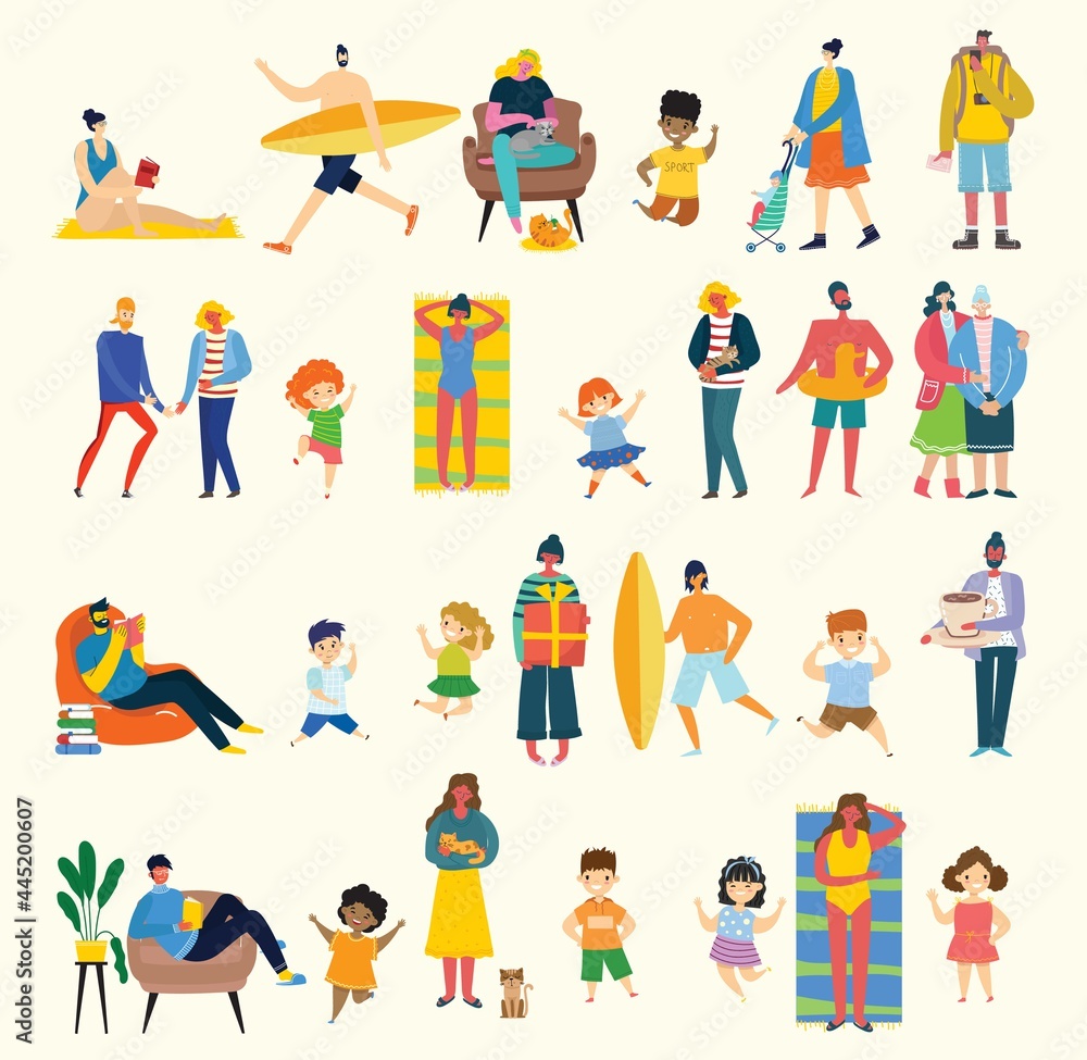 Set of people, men, children, and women with different signs. Vector graphic objects for collages and illustrations.
