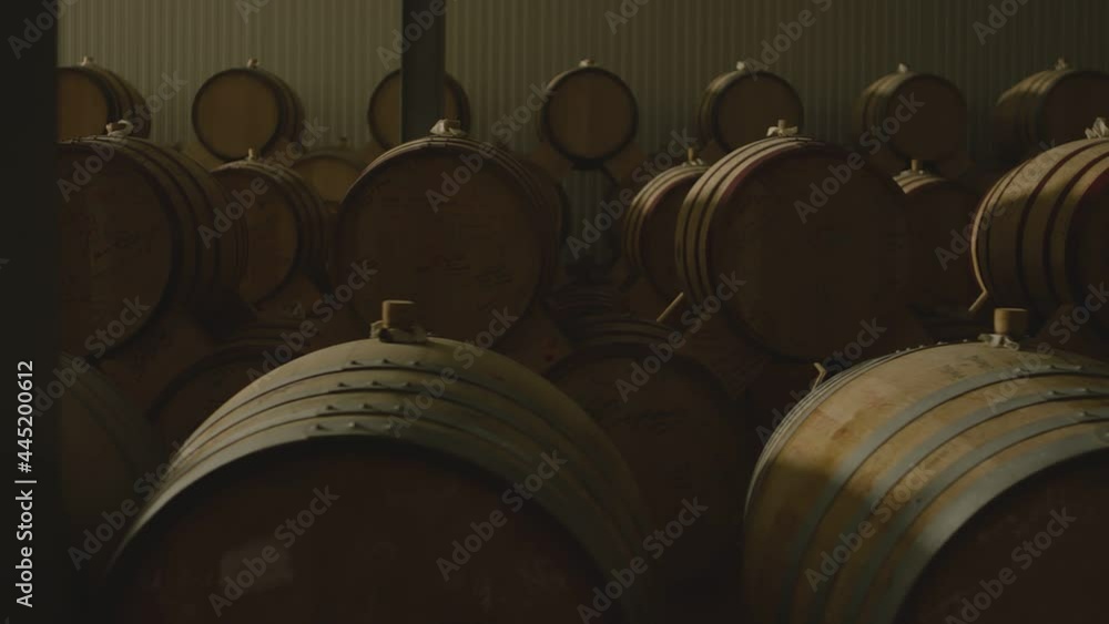 Aged wooden barrels with a wine , brandy or whiskey in a big warehouse . Dolly , gimbal movement a long row of wine barrels at a vintage winery with alcohol . Wine preparation and fermenting process Aged wooden barrels with a wine , brandy or whiskey in a big warehouse . Dolly , gimbal movement a long row of wine barrels at a vintage winery with alcohol . Wine preparation and fermenting process