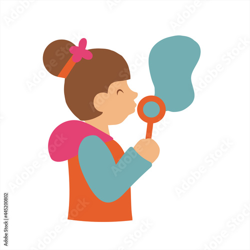 Cute little Kid blowing Soap bubbles isolated on white Lovely little Girl blowing Soap bubbles in the Air. Vector cartoon Illustration.