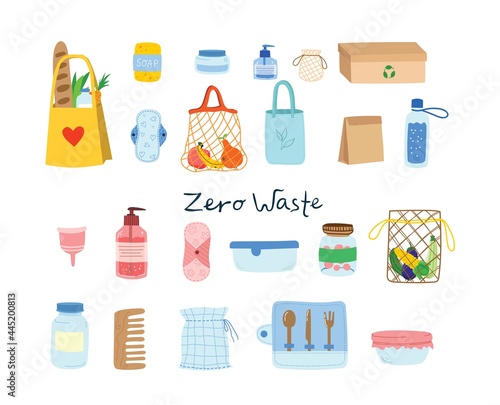 Hand drawn elements of zero waste life in vector. Eco style. No plastic. Go green