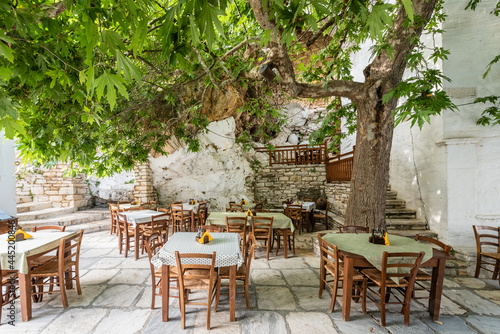 Restaurant terrace in a picturesque square, with empty tables under a tree 