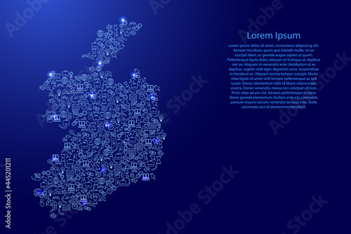 Ireland map from blue and glowing stars icons pattern set of SEO analysis concept or development, business. Vector illustration.