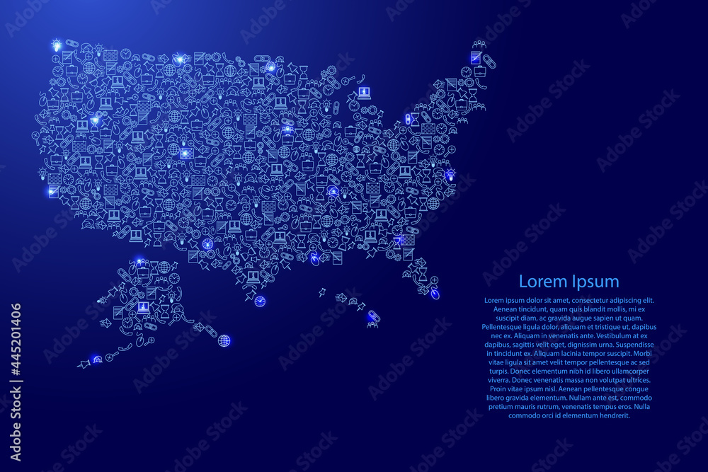 United States of America, USA map from blue and glowing stars icons pattern set of SEO analysis concept or development, business. Vector illustration.