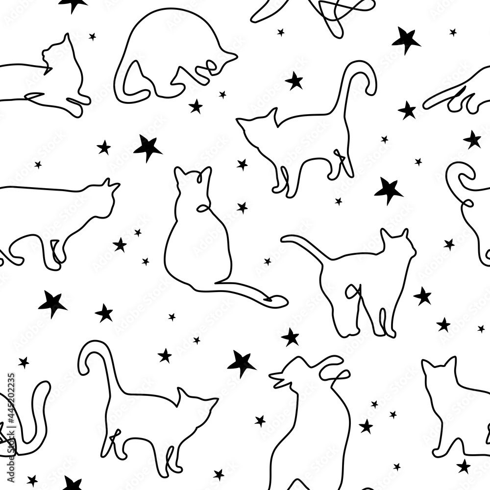 Seamless pattern with doodle cats among stars.Continuous one line kittens.Feline in different poses.Animals sit, lay,relax.Childish monochrome print,wrapping paper.Modern drawing with domestic pet. Seamless pattern with doodle cats among stars.Continuous one line kittens.Feline in different poses.Animals sit, lay,relax.Childish monochrome print,wrapping paper.Modern drawing with domestic pet.