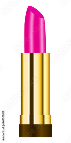 Pink lipstick with golden case. Makeup decoration element.