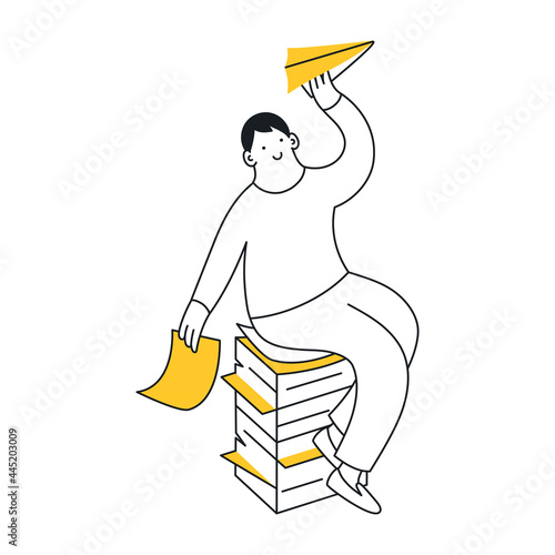 Launching paper planes from a high paper pile. Startup boosting, project manager, and paperwork. Thin line isolated vector illustration on white background. 