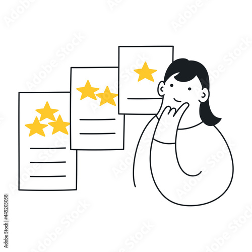 A cute cartoon woman and rating cards. Choosing the right tariff plan, right pricing, finding the best option among basic, standard, premium variants. Thin line elegance vector illustration on white.