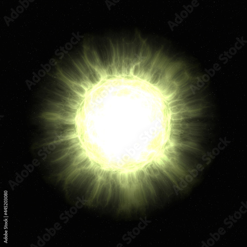 Bright yellow star in deep space. Supernova. Yellow dwarf star.