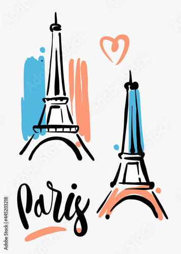 Sketch of Eiffel Tower. Romantic symbol in France. Sightseeing landmark.