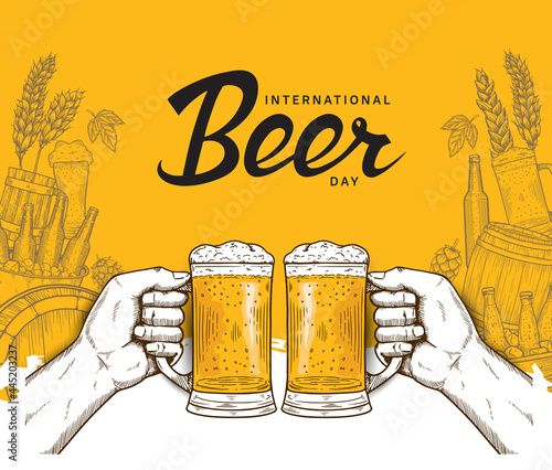 International Beer Day illustration vector design with hand drawn element isolated on orange background can be use for party, celebration and festival