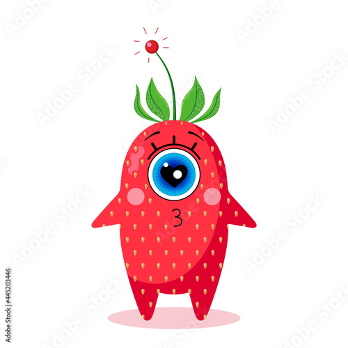 Strawberry one-eyed character on a white background