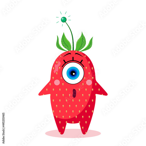 Strawberry one-eyed character on a white background