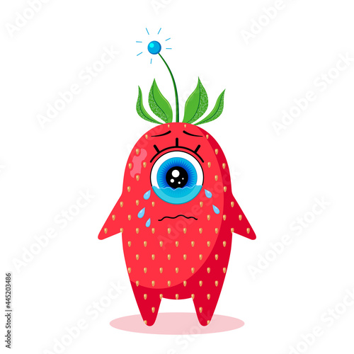 Strawberry one-eyed character on a white background