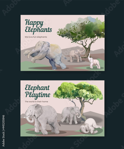 Facebook template with elephant funning concept,watercolor style