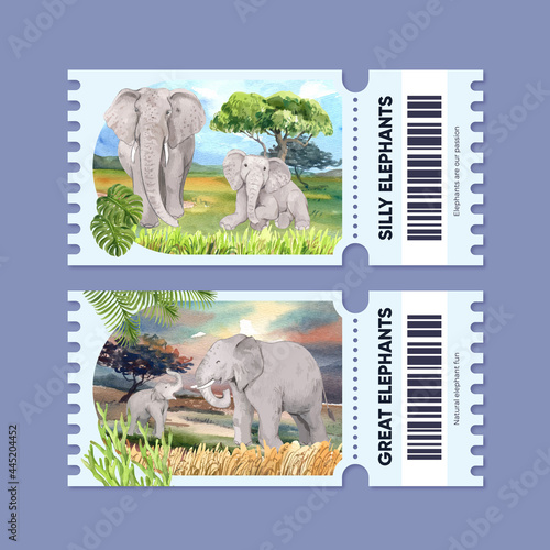 Ticket template with elephant funning concept,watercolor style
