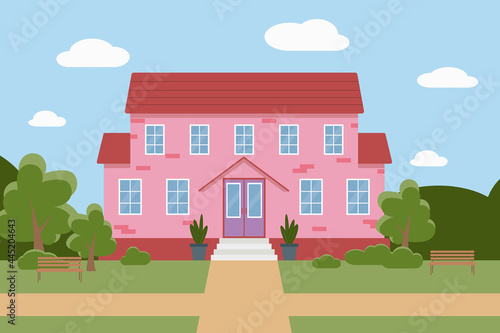 Flat vector illustration of a pink house with trees and benches, on a background of the sky with clouds.