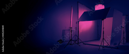 Studio light equipments for photo or film movie video. Light set for professional shooting studio background. LED Flood light and Spot light for video production studio. Setup Barn door and softbox.