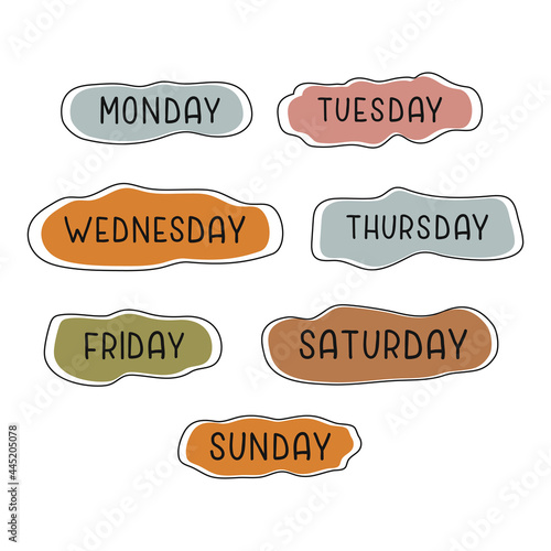 Handwritten days of the week monday, tuesday, wednesday, thursday, friday, saturday sunday. Modern colorful design for calendar, weekly plan, organizer. Vector illustration