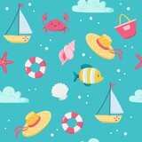 Summer sea pattern. Cute fish, sail boat, crab, seashells. Hand drawn flat cartoon elements. Vector illustration