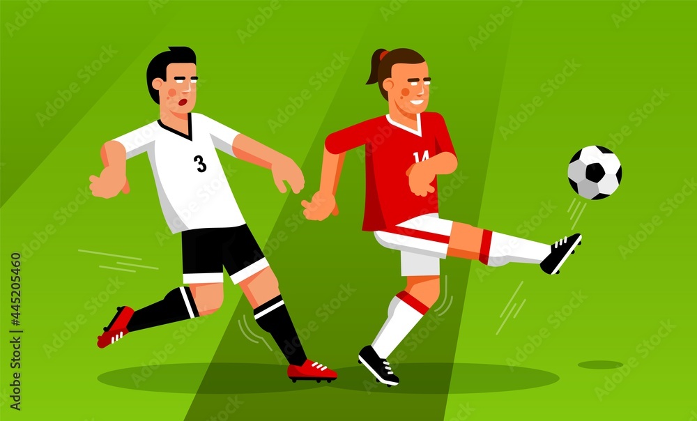 Fototapeta premium Soccer forward runs away from the defender. Football players in the game. Vector cartoon illustration.