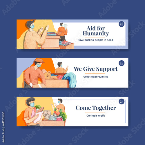 Banner template with humanitarian aid concept,watercolor style