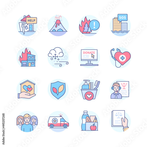 Disaster Relief - line design style icon set
