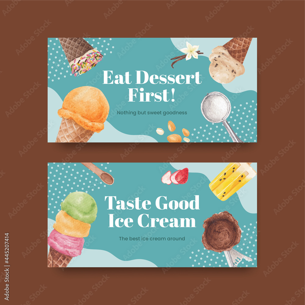 Twitter template with ice cream flavor concept,watercolor style