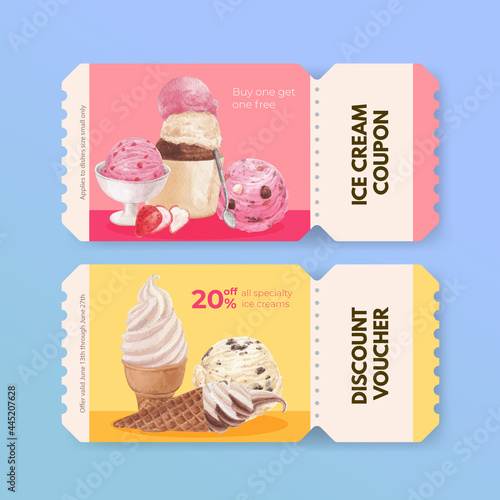 Voucher template with ice cream flavor concept,watercolor style