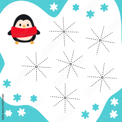 Practice handwritten snowflakes dotted line. Vector training sheet