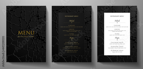 Black restaurant menu design with crack texture (grunge patten background), premium frame pattern (stripe border). Elegant luxury cover template for creative Cafe Menu, luxe carte, invite, note book