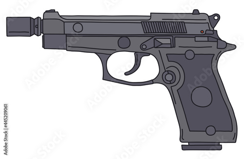 The vectorized hand drawing of a recent handgun with a small silencer