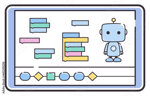 タブレットでロボットのプログラミング学習をするイラスト
