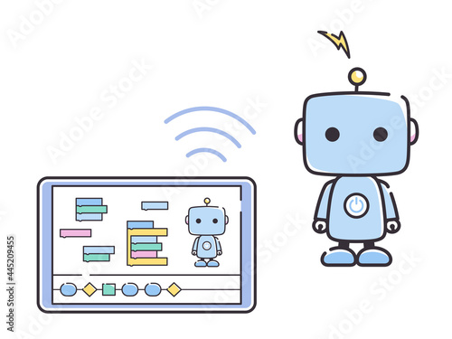 タブレットでロボットのプログラミング学習をするイラスト