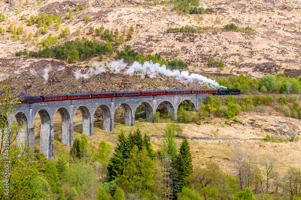 A close up view of a steam train being pushed up the gradiant of the viaduct at Glenfinnan, Scotland on a summers day