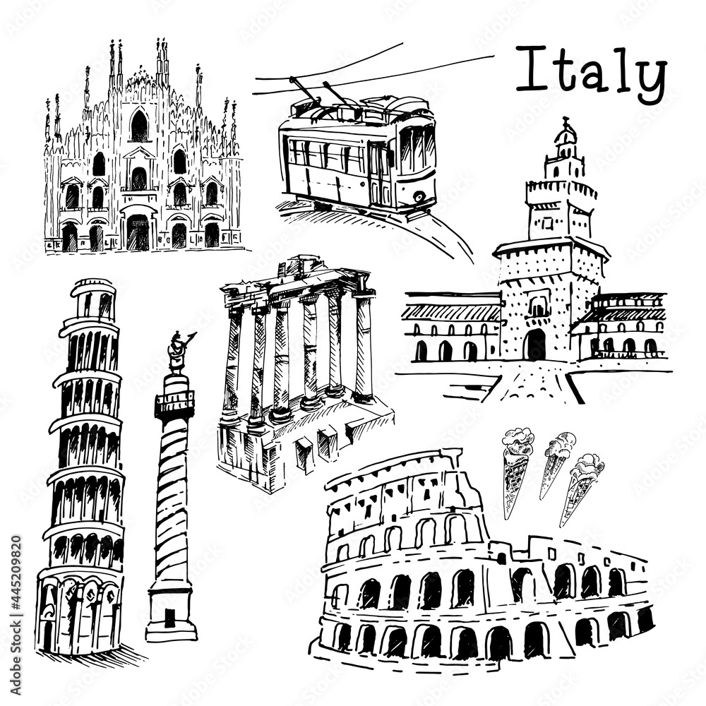 Set of black and white buildings and objects, the main landmarks of Italy in black outline for design. Vector illustration.