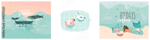 Hand drawn vector abstract stock graphic summer cartoon,minimalistic contemporary illustrations prints collection set with beach inflatable unicorn,flamingo floats and mermaid on color background.