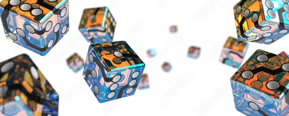 Fototapeta premium Cyberpunk flying dice on a white background 3d render