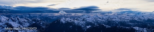 Aerial Panoramic View from Airplane of Canadian Mountain Landscape in Spring time. Colorful Sunset. North of Vancouver, British Columbia, Canada. Nature Panorama, Colorful Art Render © edb3_16
