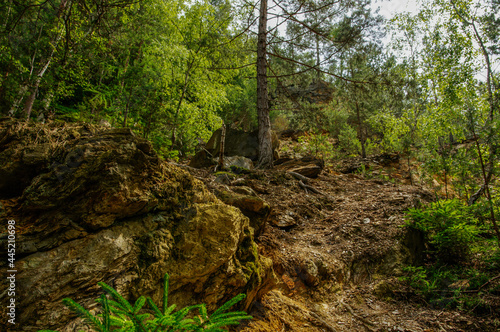 colorful rocks next to the yellow and purple lake